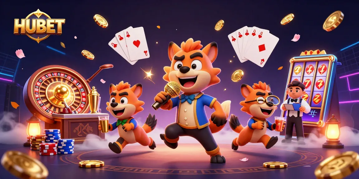 HUBET hyenas run a vibrant casino scene filled with golden coins, roulette wheels, and poker cards.