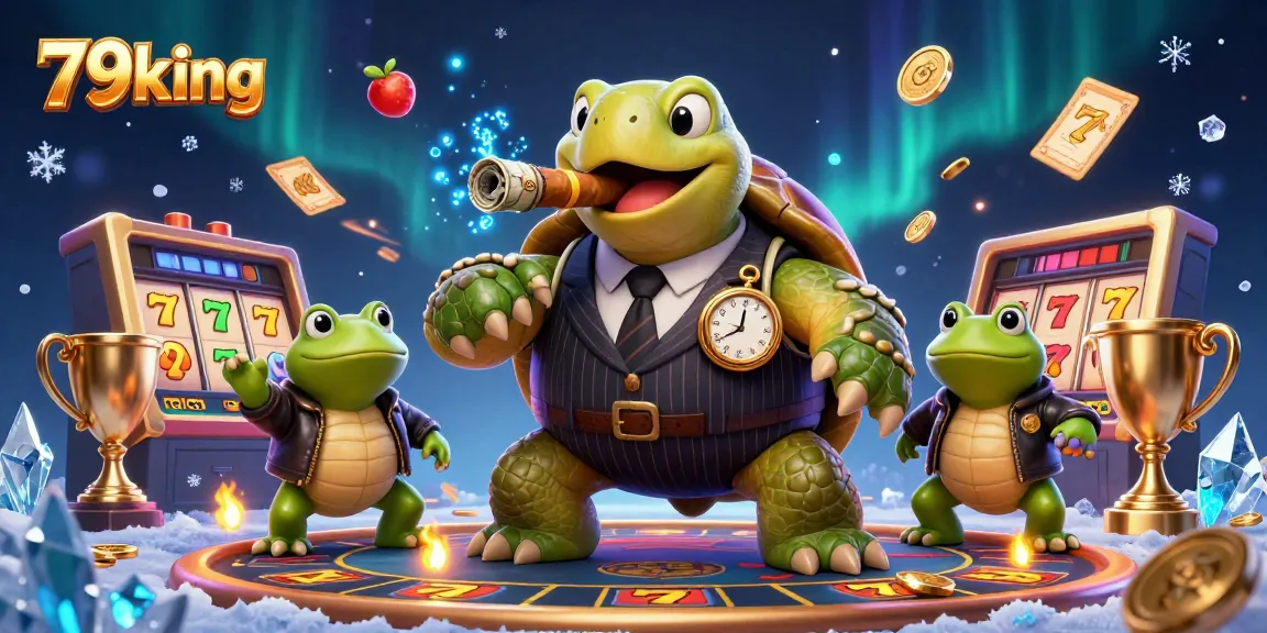 Engage in thrilling games at 79king, featuring a dynamic scene with a vintage turtle mobster and casino elements.