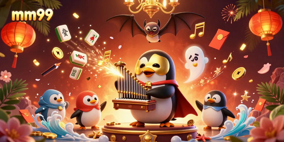 Win big with mm99 in this vibrant 3D casino scene featuring a unique penguin character.
